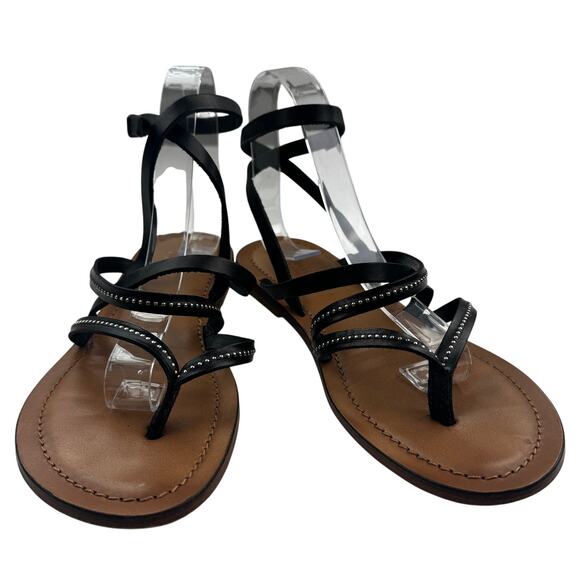 Garnet Hill Made In Italy Black Leather Silver Studded Wrap Sandals Women's 7.5 - Picture 1 of 8